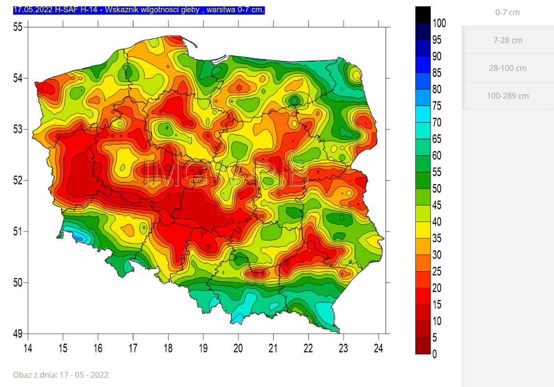 Wskaźnik wilgotności gleby w Polsce, warstwa 0-7 cm. Stan na 17.05.2022