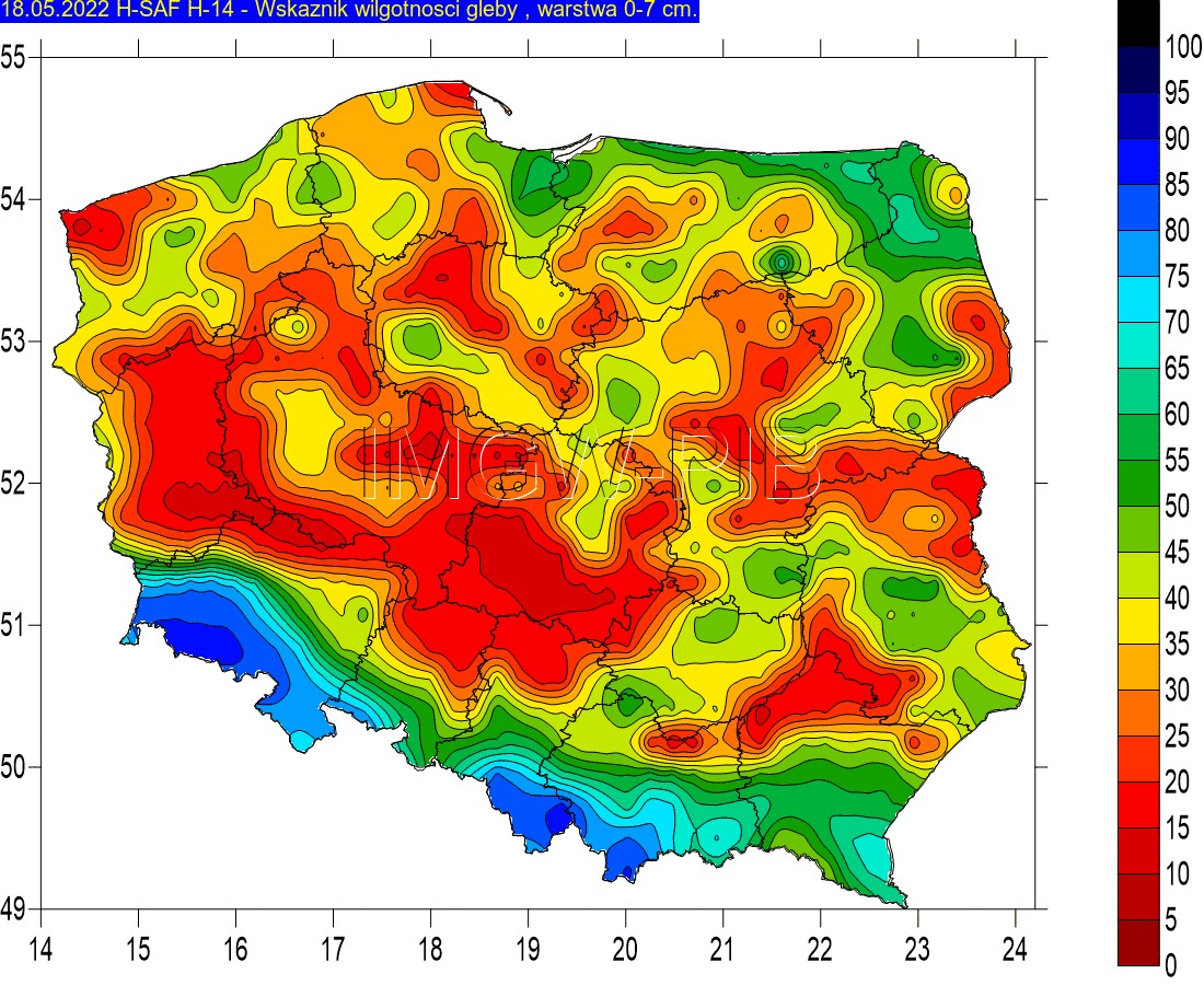 Wskaźnik wilgotności gleby w warstwie 0-7 cm, dane z 18.05.2022