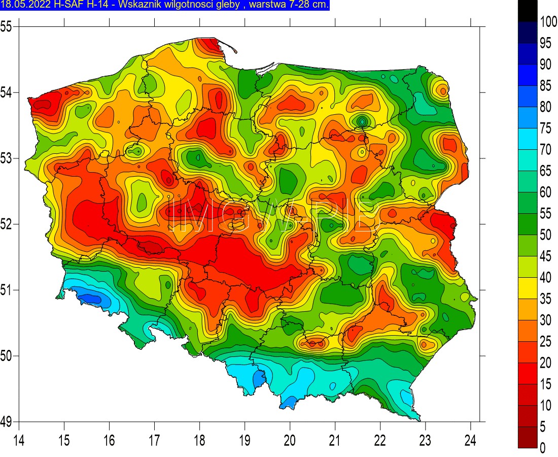 Wskaźnik wilgotności gleby w warstwie 7-28 cm, dane z 18.05.2022