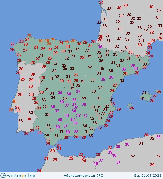 Temperatura maksymalna odnotowana w sobotę w Hiszpanii