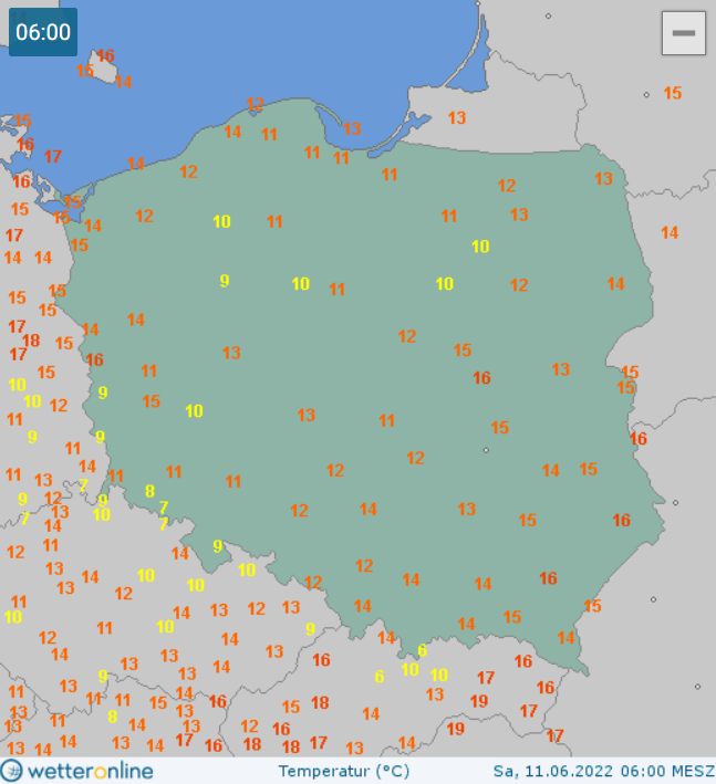 Temperatura w Polsce 11.06 ok. godz. 6