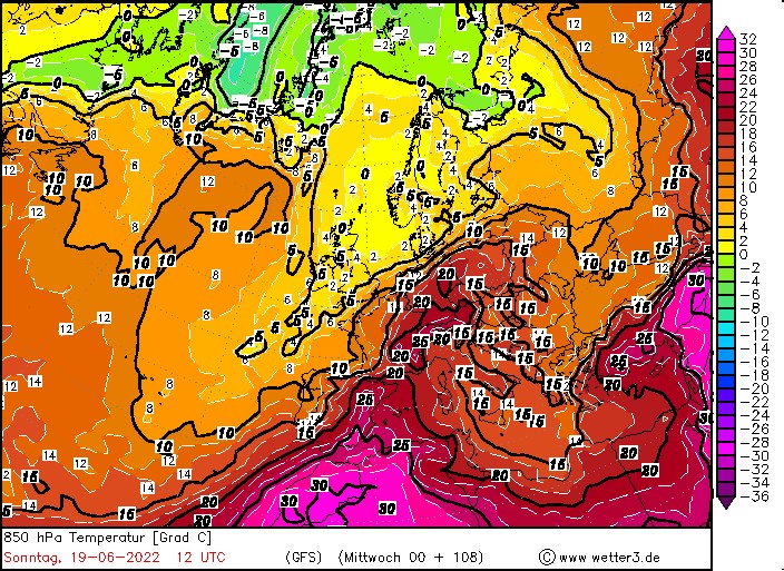 Prognozowana temperatura w niedzielę na wysokości 1,5 km