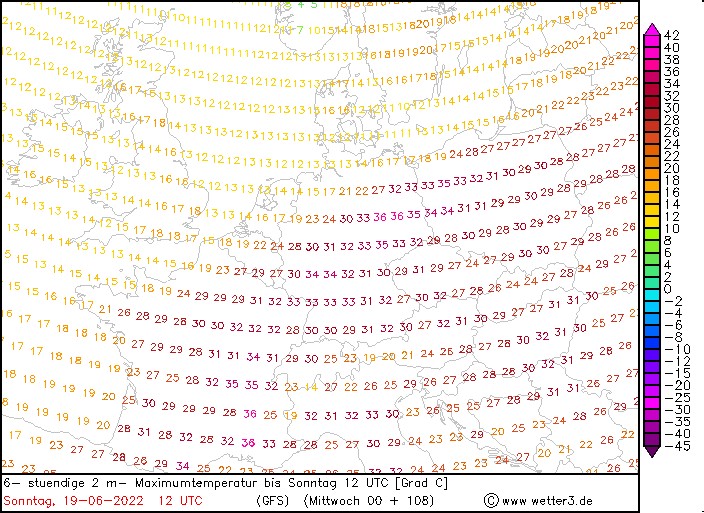 Prognozowana temperatura maksymalna w niedzielę na wysokości 2 m