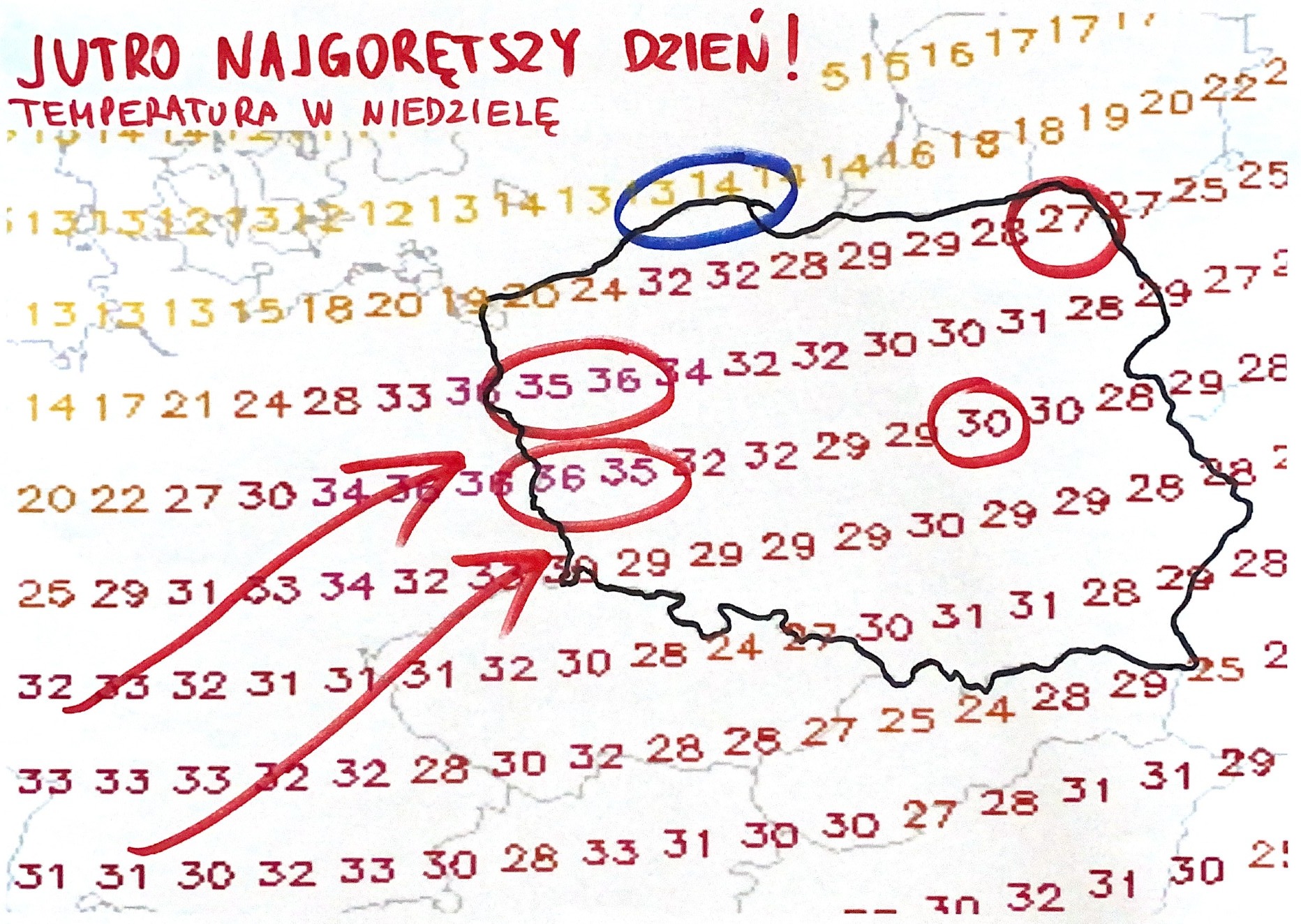 Prognozowana temperatura maksymalna w niedzielę w Polsce