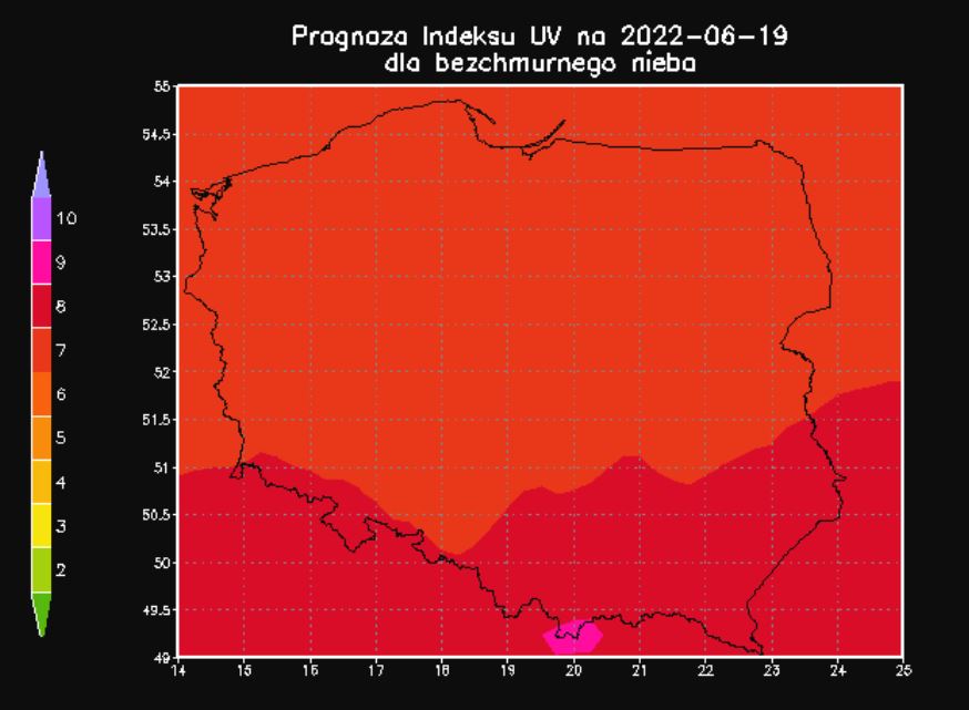 Prognoza indeksu UV na 19 czerwca 2022 r. dla bezchmurnego nieba