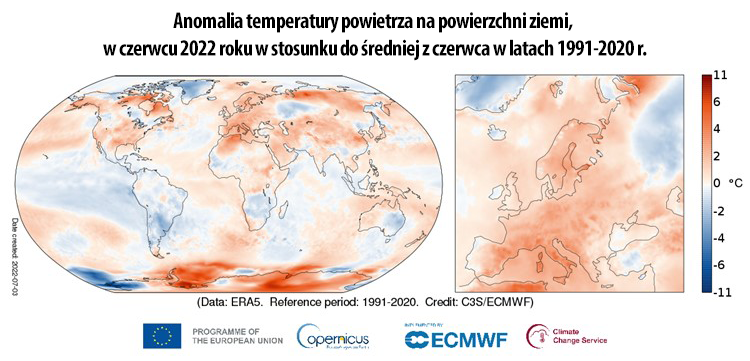 Anomalia temperatury powietrza na powierzchni ziemi, w czerwcu 2022 roku w stosunku do średniej z czerwca w latach 1991-2020 r.