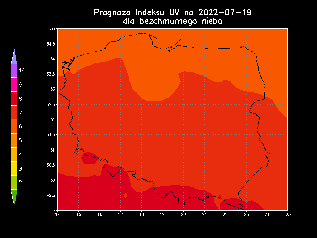 Prognoza indeksu UV na 19 lipca dla bezchmurnego nieba