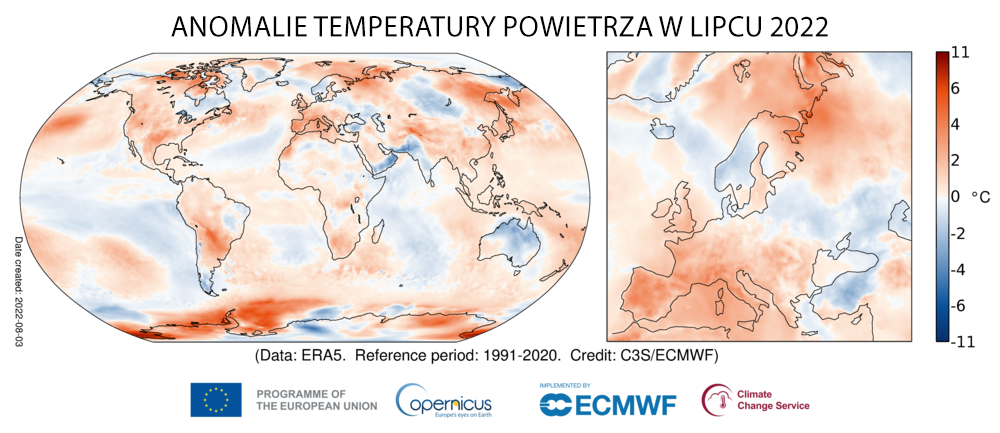Anomalie temperatury powietrza w lipcu 2022