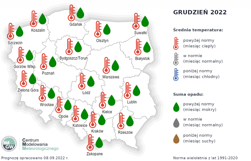 Prognoza średniej miesięcznej temperatury powietrza i miesięcznej sumy opadów atmosferycznych na grudzień 2022 r. dla wybranych miast w Polsce