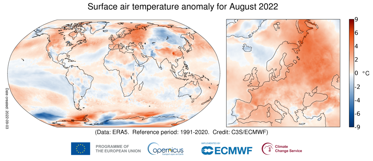 Anomalia temperatury powietrza w sierpniu 2022 r. w stosunku do średniej z lat 1991-2020