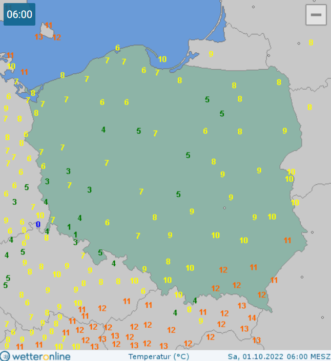 Temperatura w Polsce 1.10 ok. godz. 6