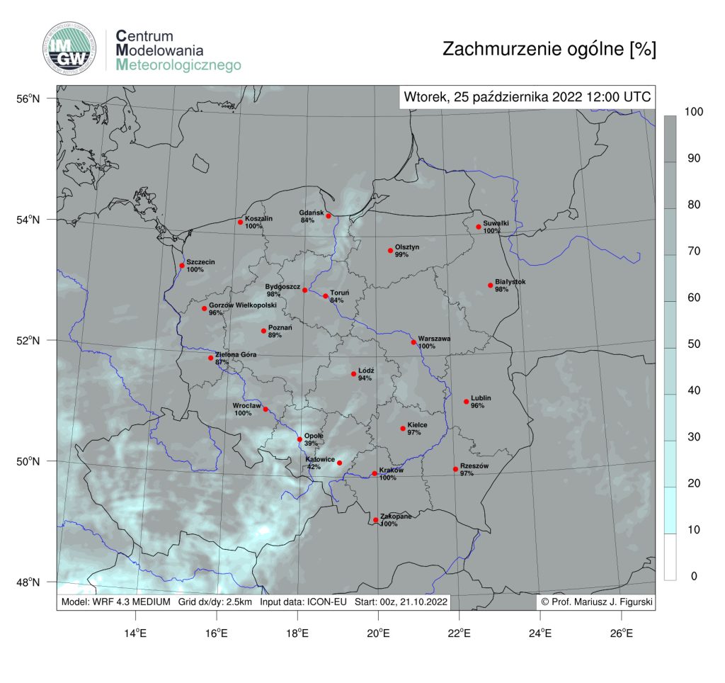 Prognoza zachmurzenia ogólnego na wtorek, godz. 12