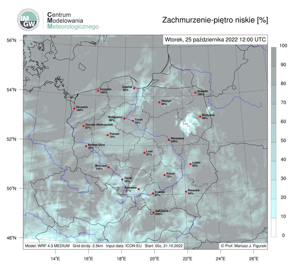 Prognoza zachmurzenia piętra niskiego na wtorek, godz. 12