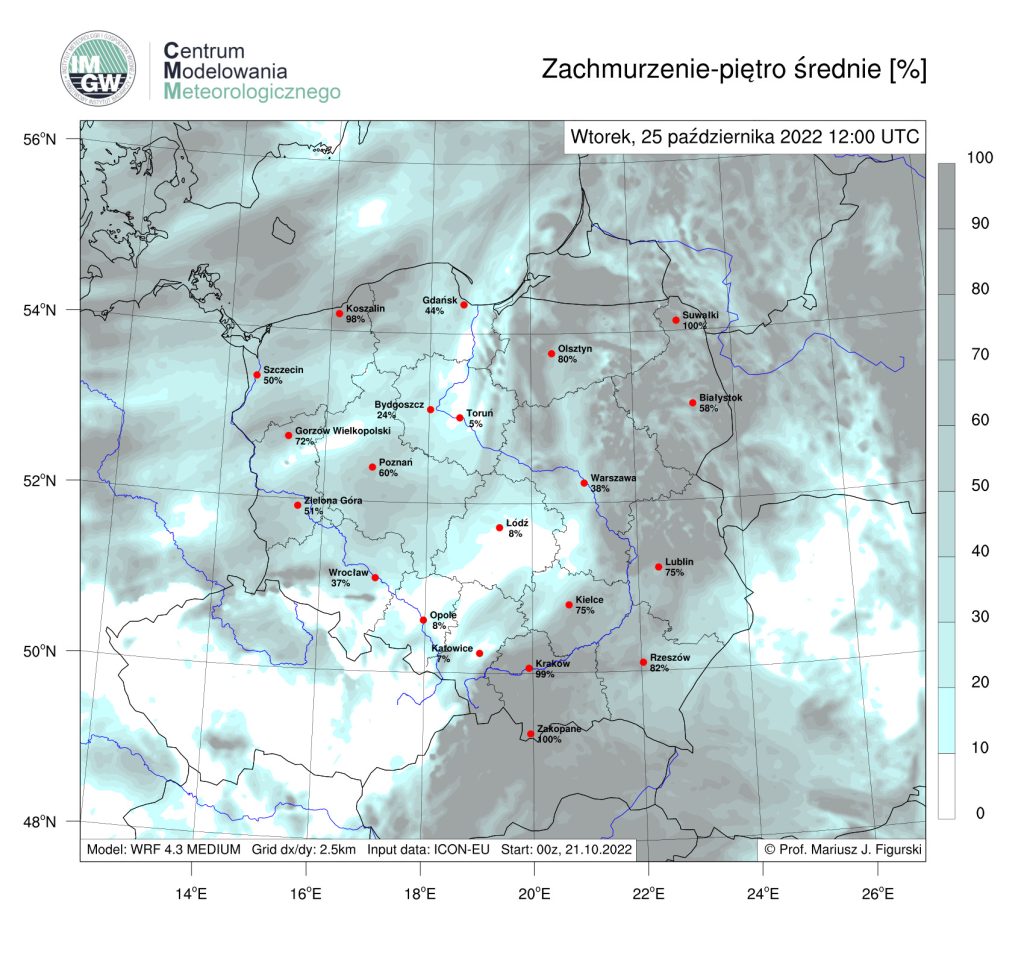 Prognoza zachmurzenia piętra średniego na wtorek, godz. 12