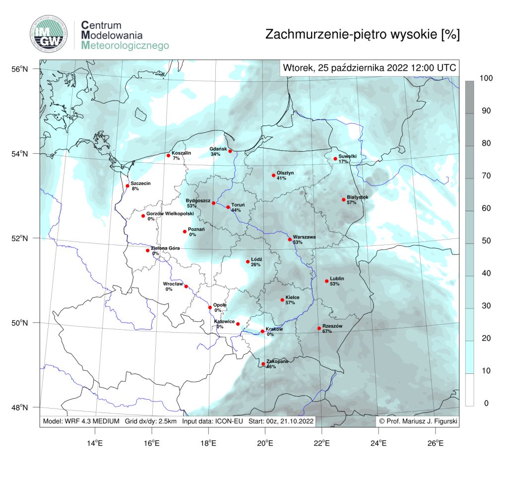 Prognoza zachmurzenia piętra wysokiego na wtorek, godz. 12