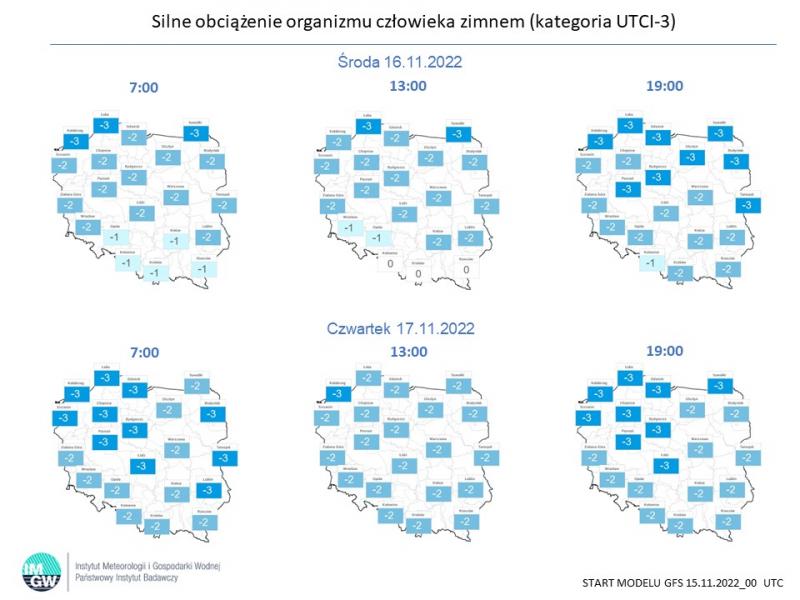 Indeks silnego obciążenia organizmu człowieka zimnem w dniach 16-17.11.22 (kategoria UTCI-3)
