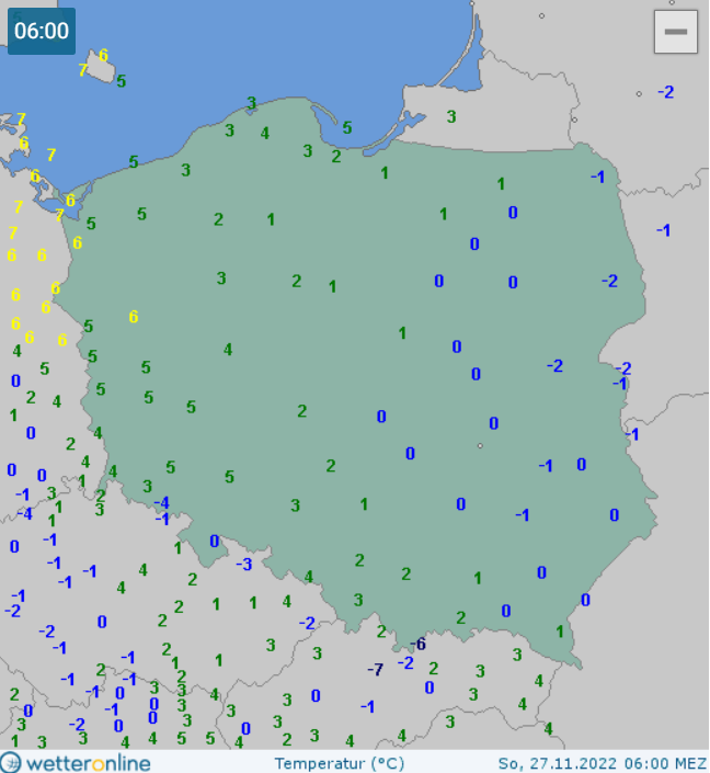 Temperatura w Polsce 27.11.2022 ok. godz. 6