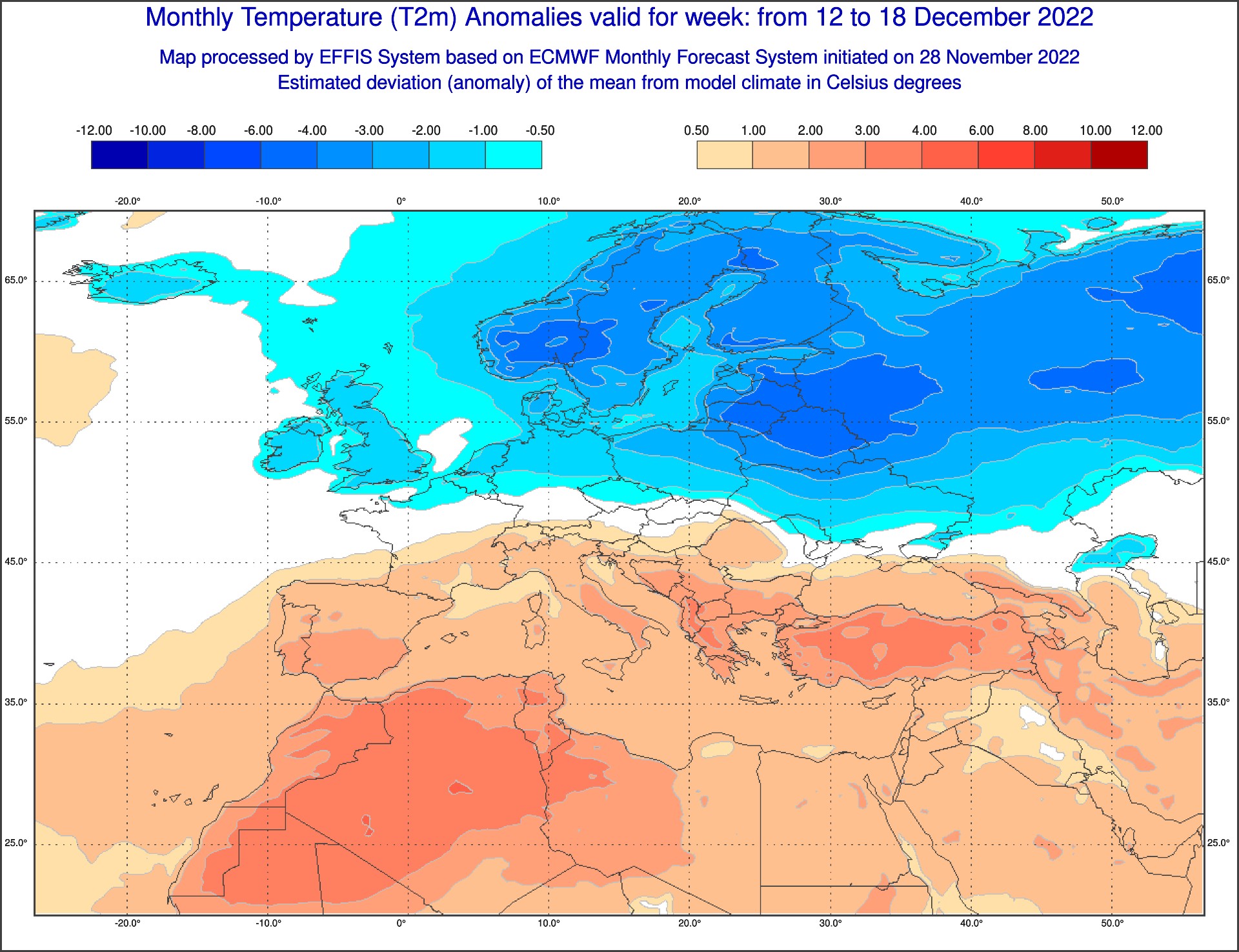 Prognoza odchylenia od normy średniej temperatury w tygodniu 12-18 grudnia 2022