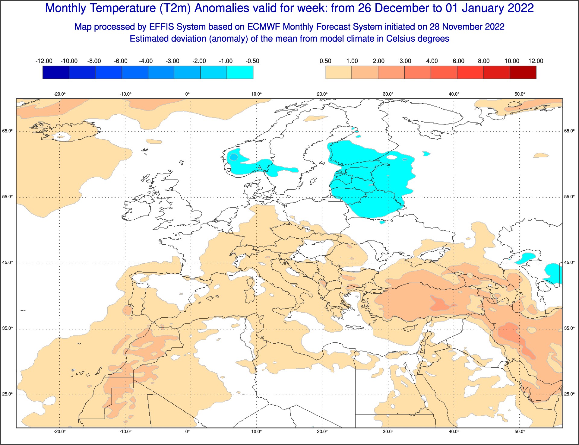 Prognoza odchylenia od normy średniej temperatury w tygodniu 26 grudnia 2022-1 stycznia 2023