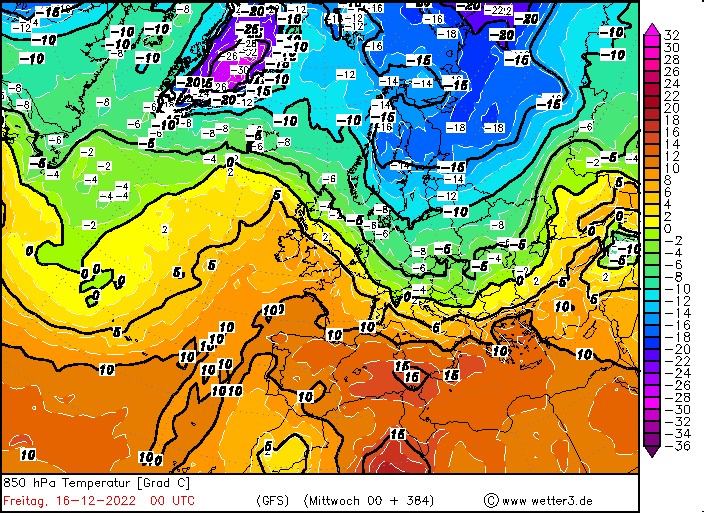 Prognozowana temperatura na wysokości 1,5 km na 16 grudnia