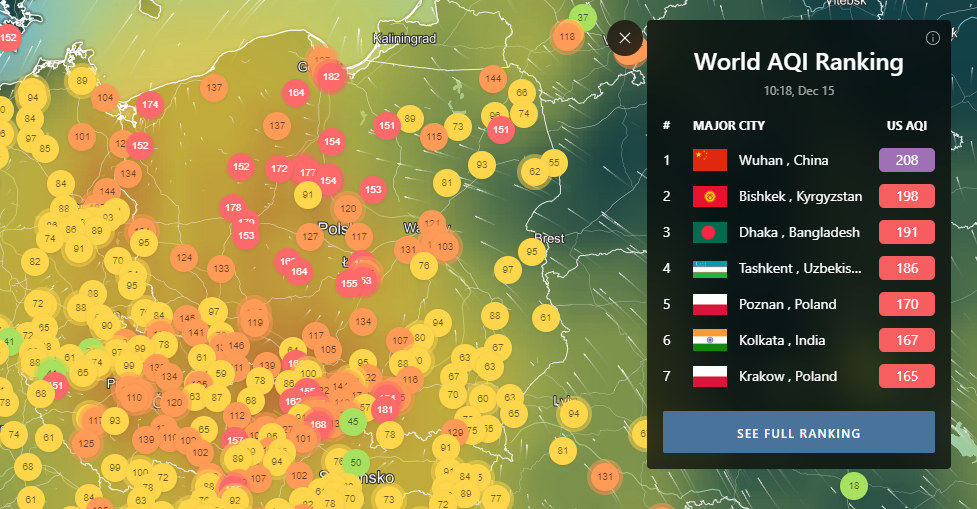 Smog w Polsce i ranking przekroczonych norm powietrza wg serwisu IQAir. 15.12.2022 ok. godz. 11