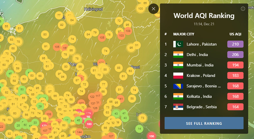 Jakość powietrza w Polsce i ranking serwisu IQAir ok. godz. 11