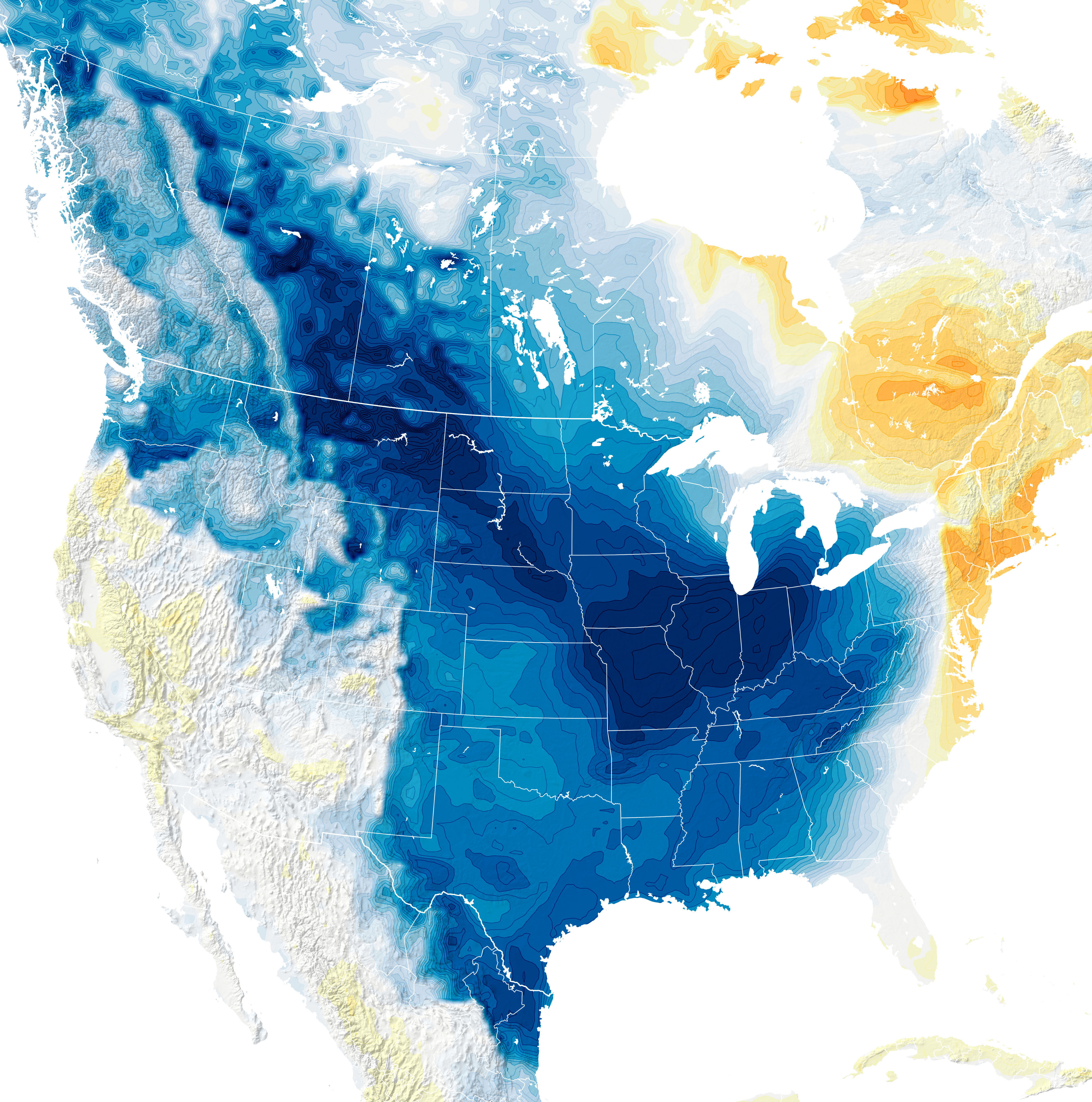 Prognozowana anomalia temperatury w USA na piątek 23 grudnia