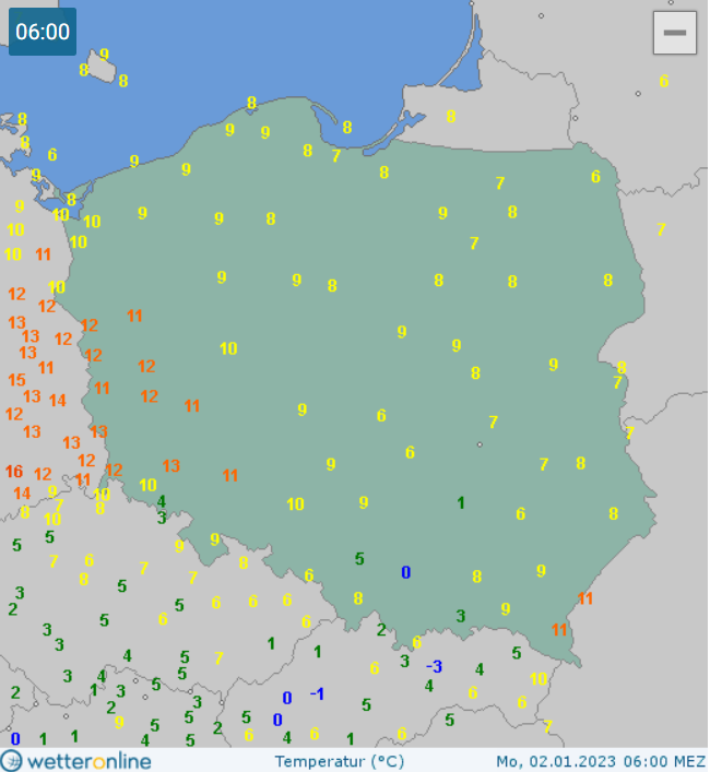 Temperatura w Polsce, 2.01 ok. godz. 6