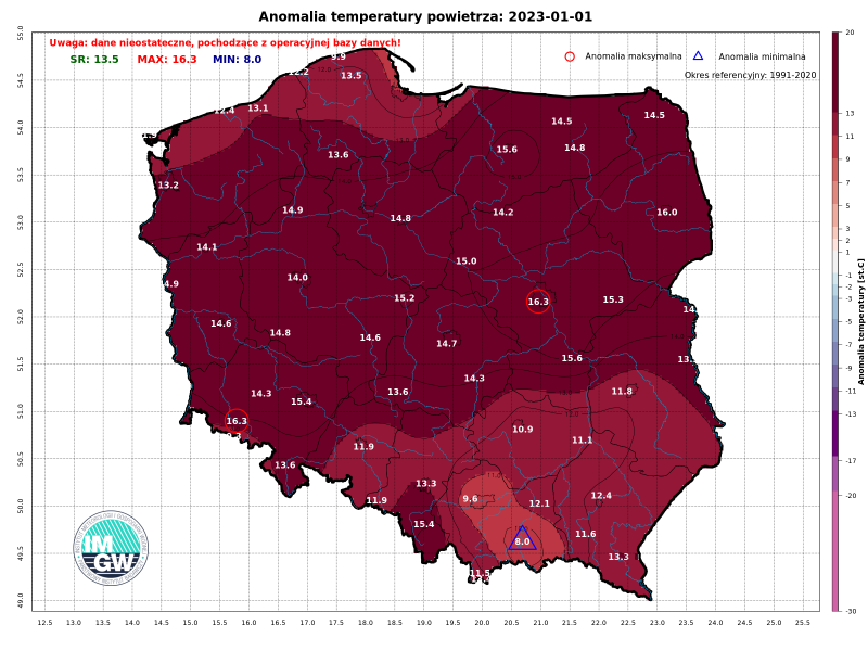 Anomalia temperatury powietrza w dniu 1.01.2023 r.