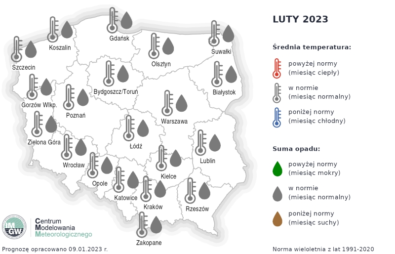 Prognoza średniej miesięcznej temperatury powietrza i miesięcznej sumy opadów atmosferycznych na luty 2023 r. dla wybranych miast w Polsce
