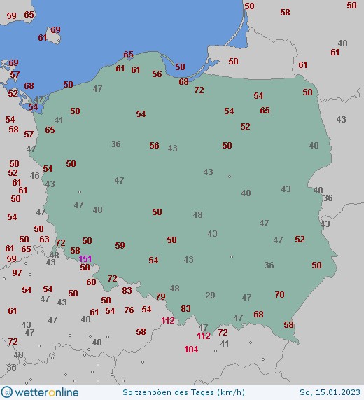 Maksymalne porywy wiatru odnotowane w niedzielę w Polsce
