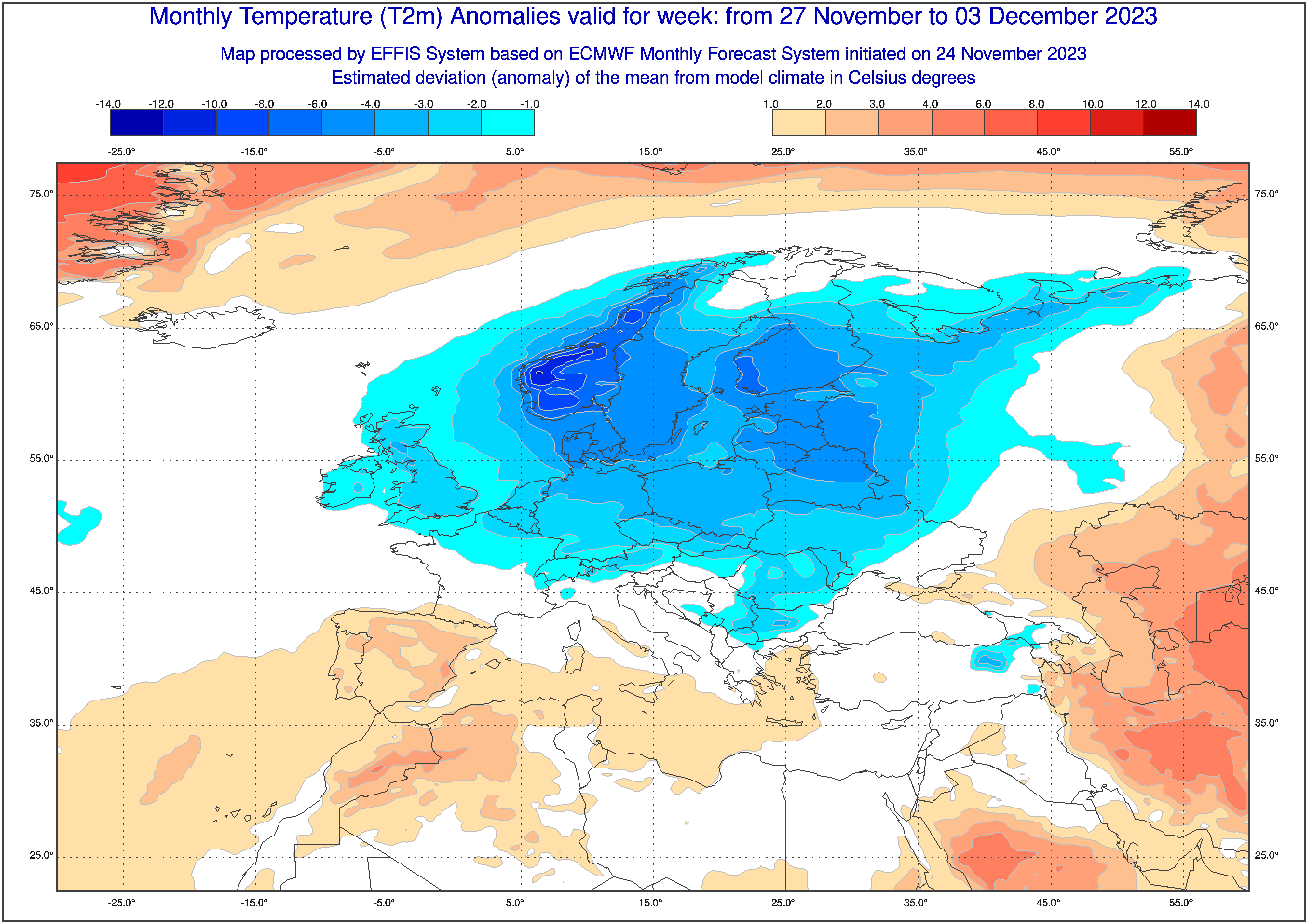 Prognozowane odchylenie średniej temperatury w tygodniu 27 listopada-3 grudnia od normy wieloletniej
