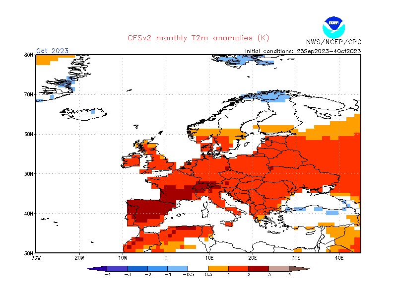 Prognozowane odchylenie średniej temperatury na październik od normy wieloletniej