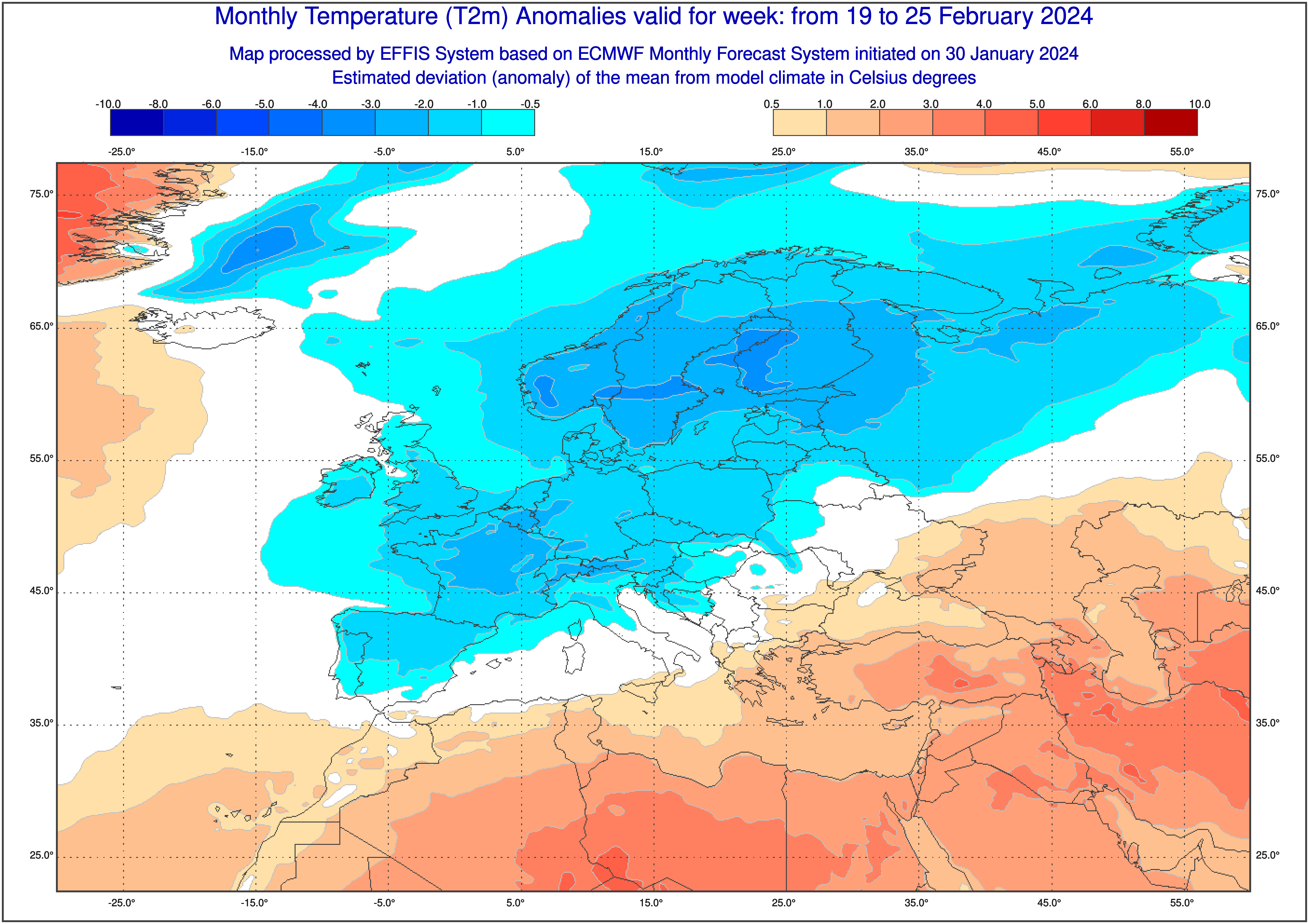 Prognozowane odchylenie średniej temperatury w tygodniu 19-25 lutego od normy wieloletniej