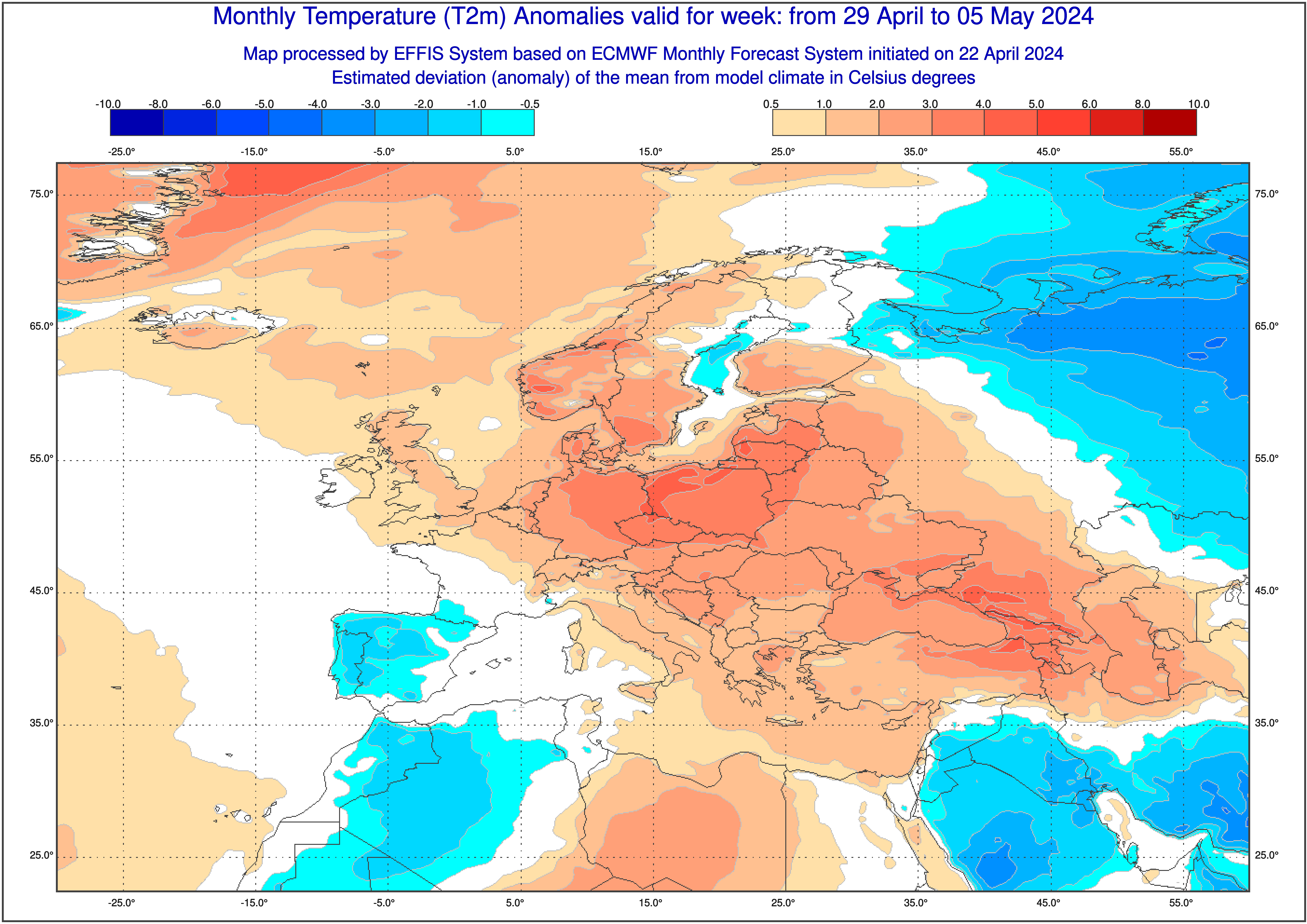 Prognoza odchylenia średniej temperatury od normy od 29 kwietnia do 5 maja