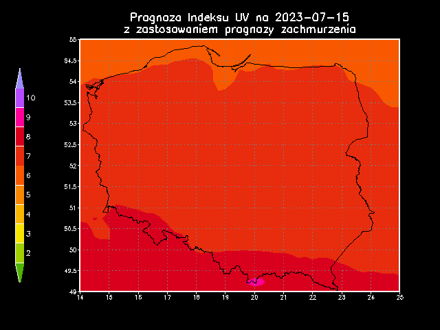 Prognoza indeksu UV na sobotę 15.07.2023 z zastosowaniem prognozy zachmurzenia