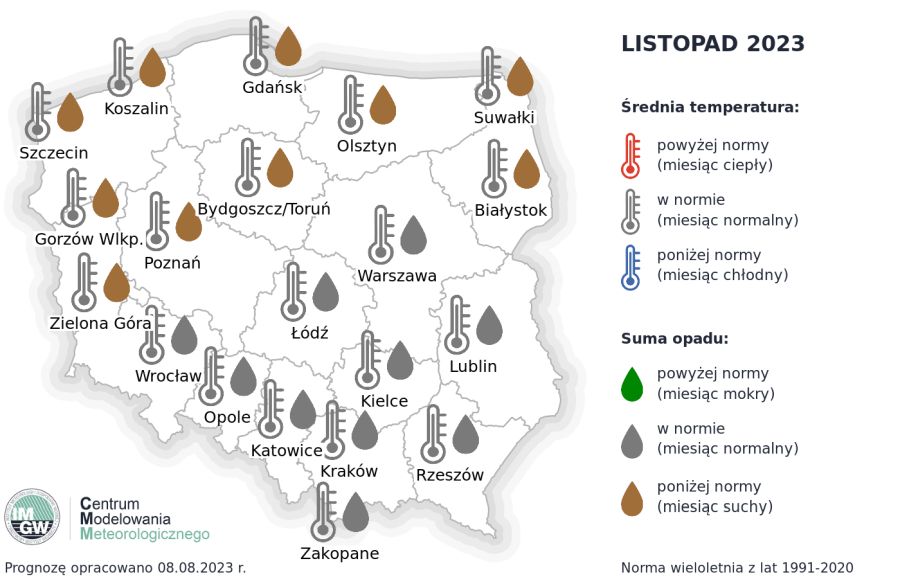 Prognoza średniej miesięcznej temperatury powietrza i miesięcznej sumy opadów atmosferycznych na listopad 2023 r. dla wybranych miast w Polsce