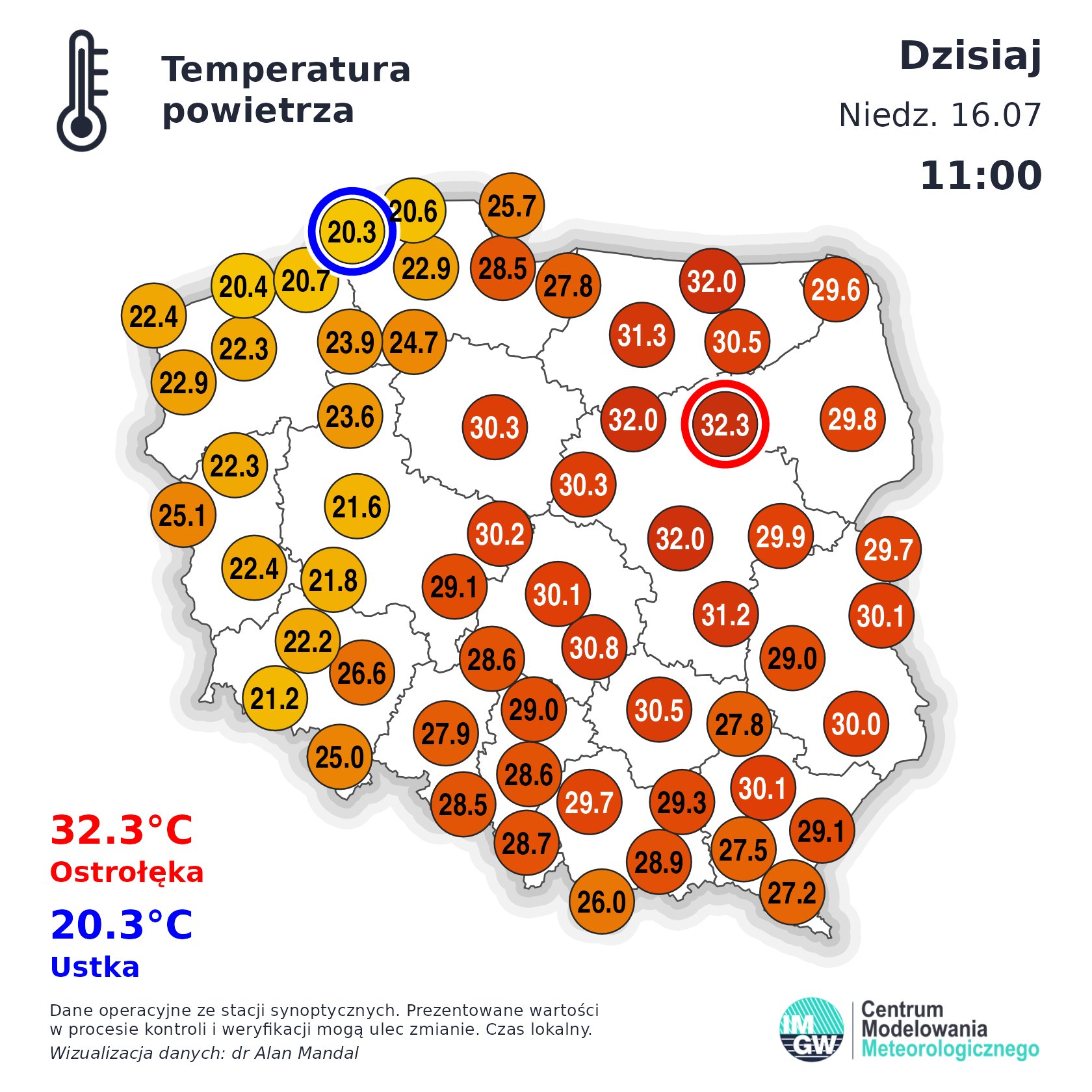 Temperatura powietrza w niedzielę o godz. 11