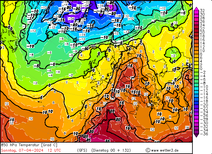 Prognoza temperatury na wysokości 1,5 km 7 kwietnia. Widać klin gorąca znad Afryki