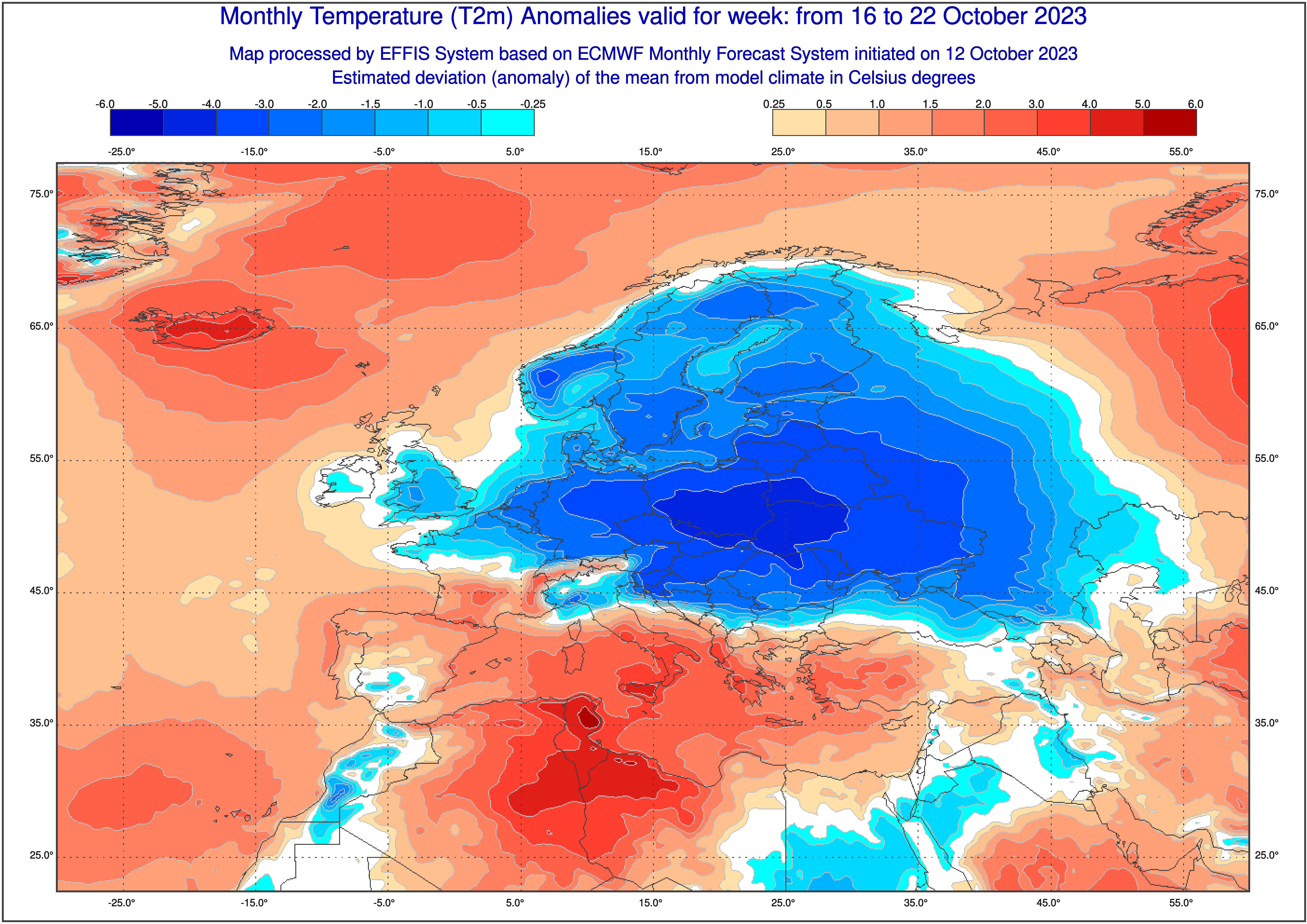 Prognozowane odchylenie średniej temperatury w tygodniu 16-22 października od normy wieloletniej