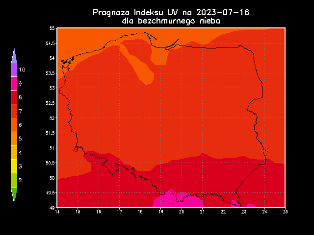 Prognoza indeksu UV na niedzielę dla bezchmurnego nieba 