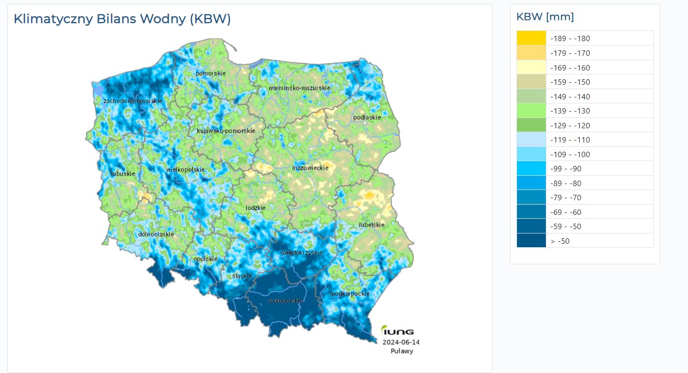 Klimatyczny Bilans Wodny (KBW) w okresie 11.04-10.06.2024