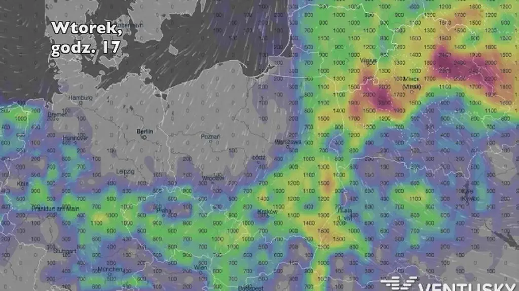 Potencjalny rozwój burz w ciągu pięciu dniu (Ventusky