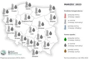 Prognoza średniej miesięcznej temperatury powietrza i miesięcznej sumy opadów atmosferycznych na marzec 2023 r. dla wybranych miast w Polsce