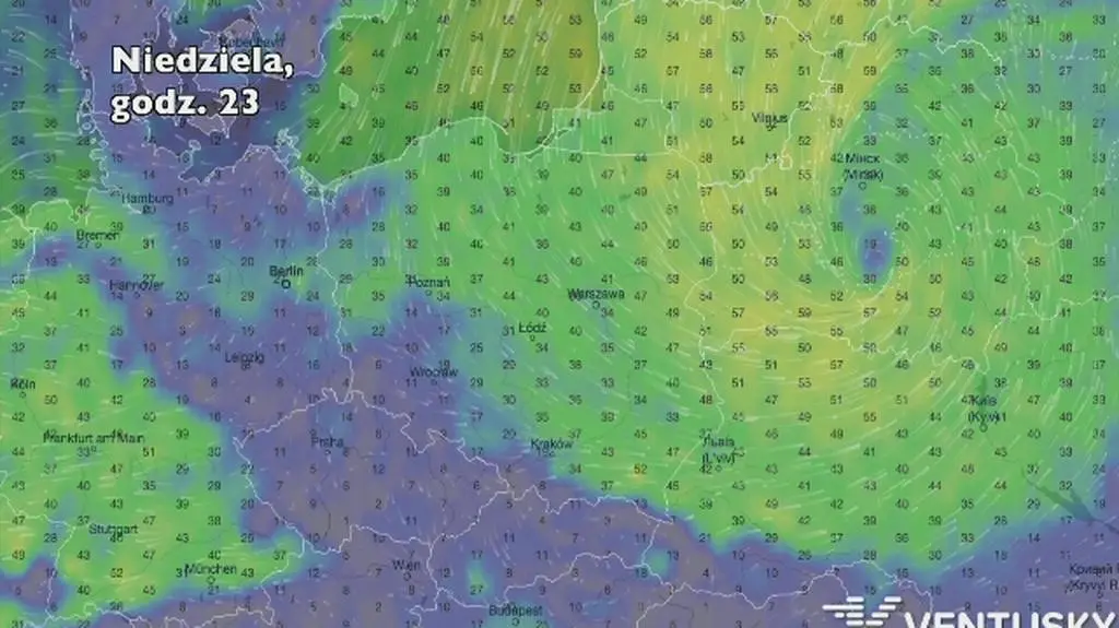 Porywy wiatru w niedzielę i poniedziałek (Ventusky