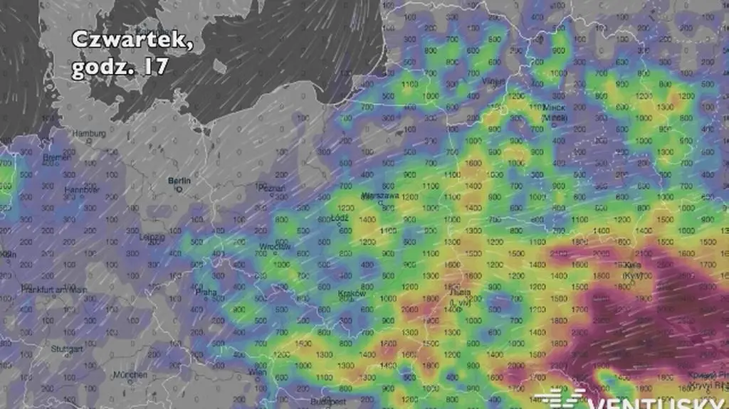 Potencjalny rozwój burz w ciągu pięciu dni (Ventusky
