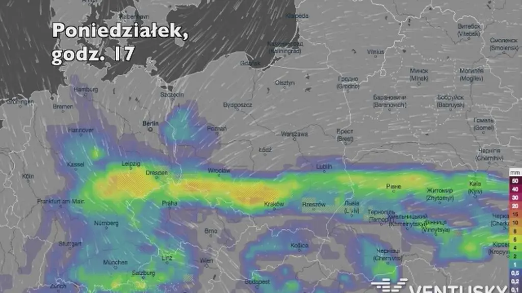 Prognozowane opady deszczu w kolejnych dniach (Ventusky