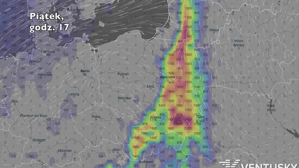 Potencjalny rozwój burz w ciągu pięciu dniu (Ventusky