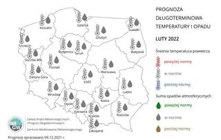 Prognoza średniej miesięcznej temperatury powietrza i miesięcznej sumy opadów atmosferycznych na luty 2022 r. dla wybranych miast w Polsce