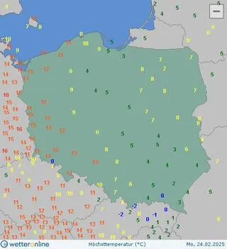 Temperatura maksymalna w Polsce w poniedziałek 24.02.2025r.